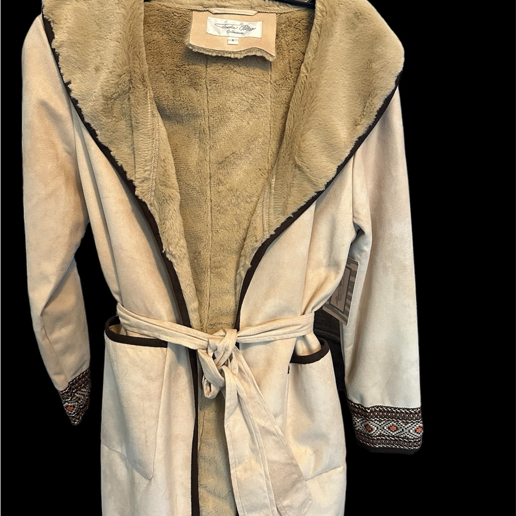 Tasha Polizzi Cream Faux Shearling Wrap Coat With Brown Trim